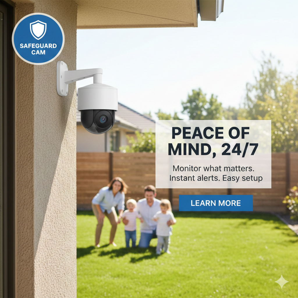 Câmera de segurança moderna instalada em parede externa monitorando família feliz no quintal, com texto anunciando tranquilidade 24 horas.